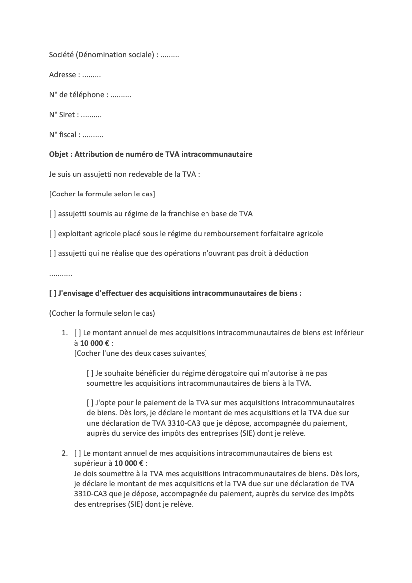 Demande d attribution d un numéro tva intracommunautaire