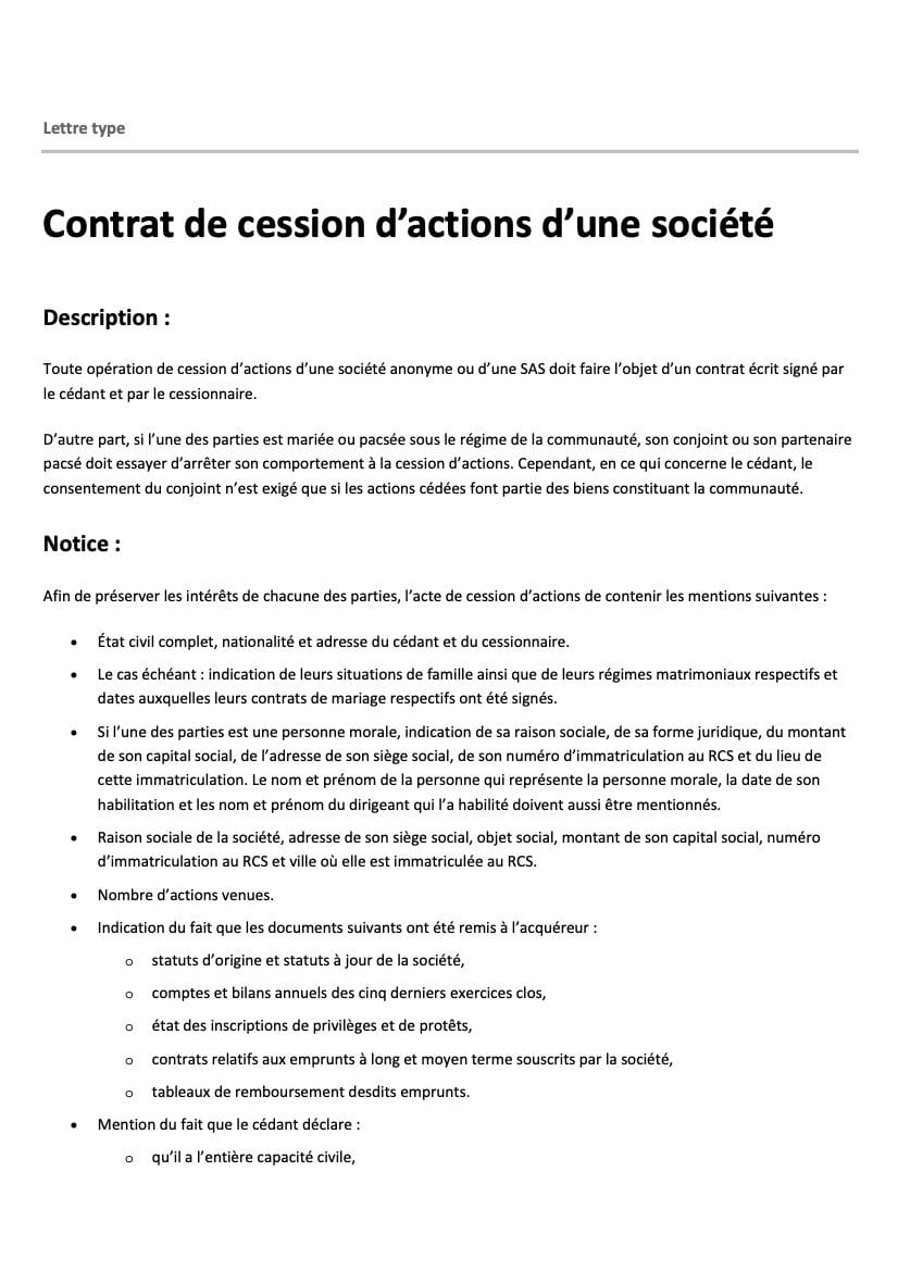 Créez votre Cession d actions SAS Gratuit et Facile